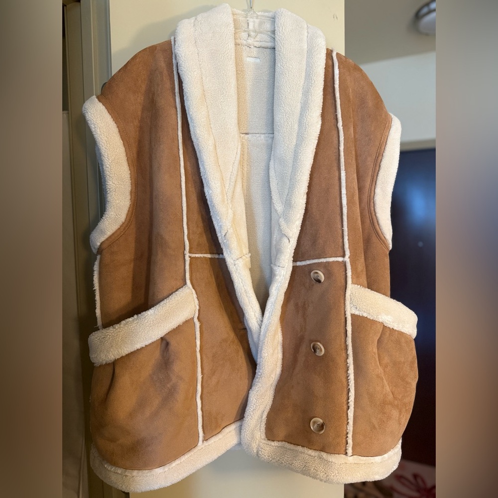 Blank NYC Tan Shearling Vest with Cream Trim